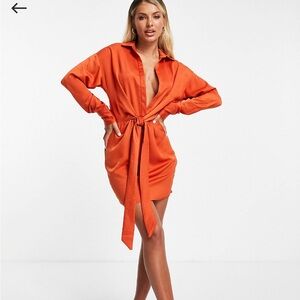 ASOS In the Style knot front satin shirt dress in orange NWT